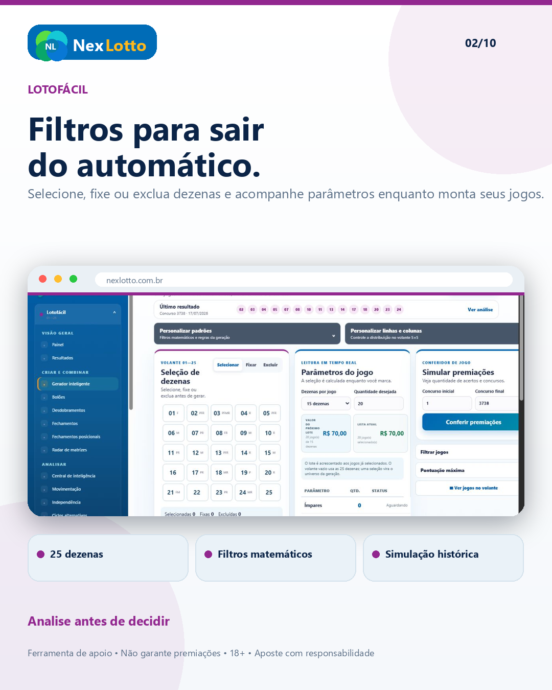 Material NexLotto sobre filtros do gerador da Lotofácil