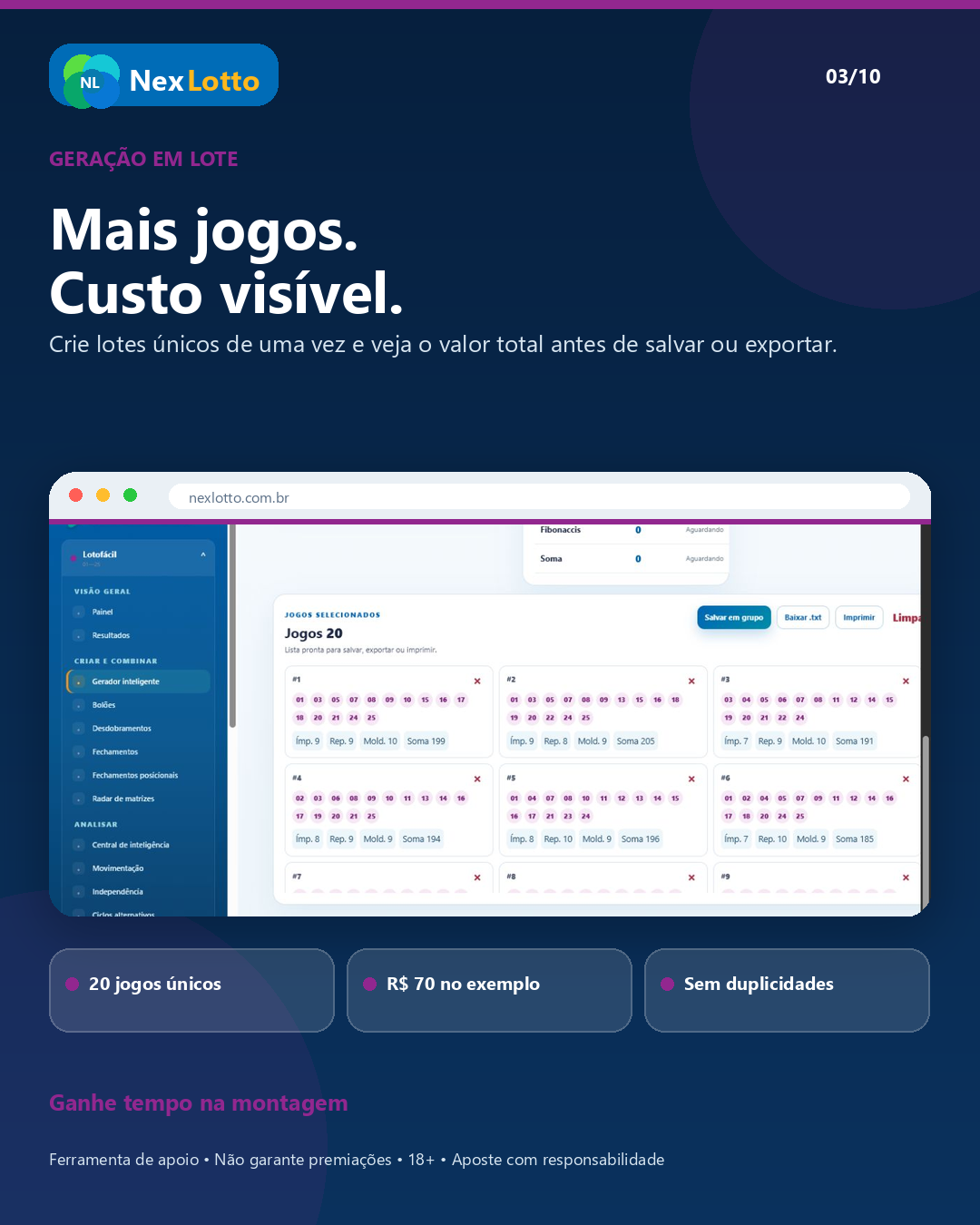 Material NexLotto sobre geração de jogos em lote e custo visível