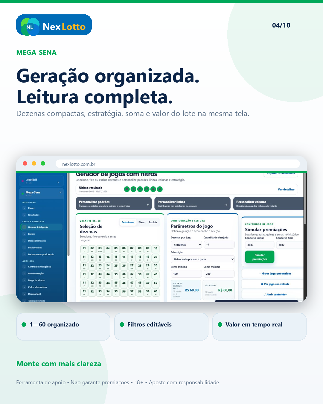 Material NexLotto sobre geração organizada da Mega-Sena