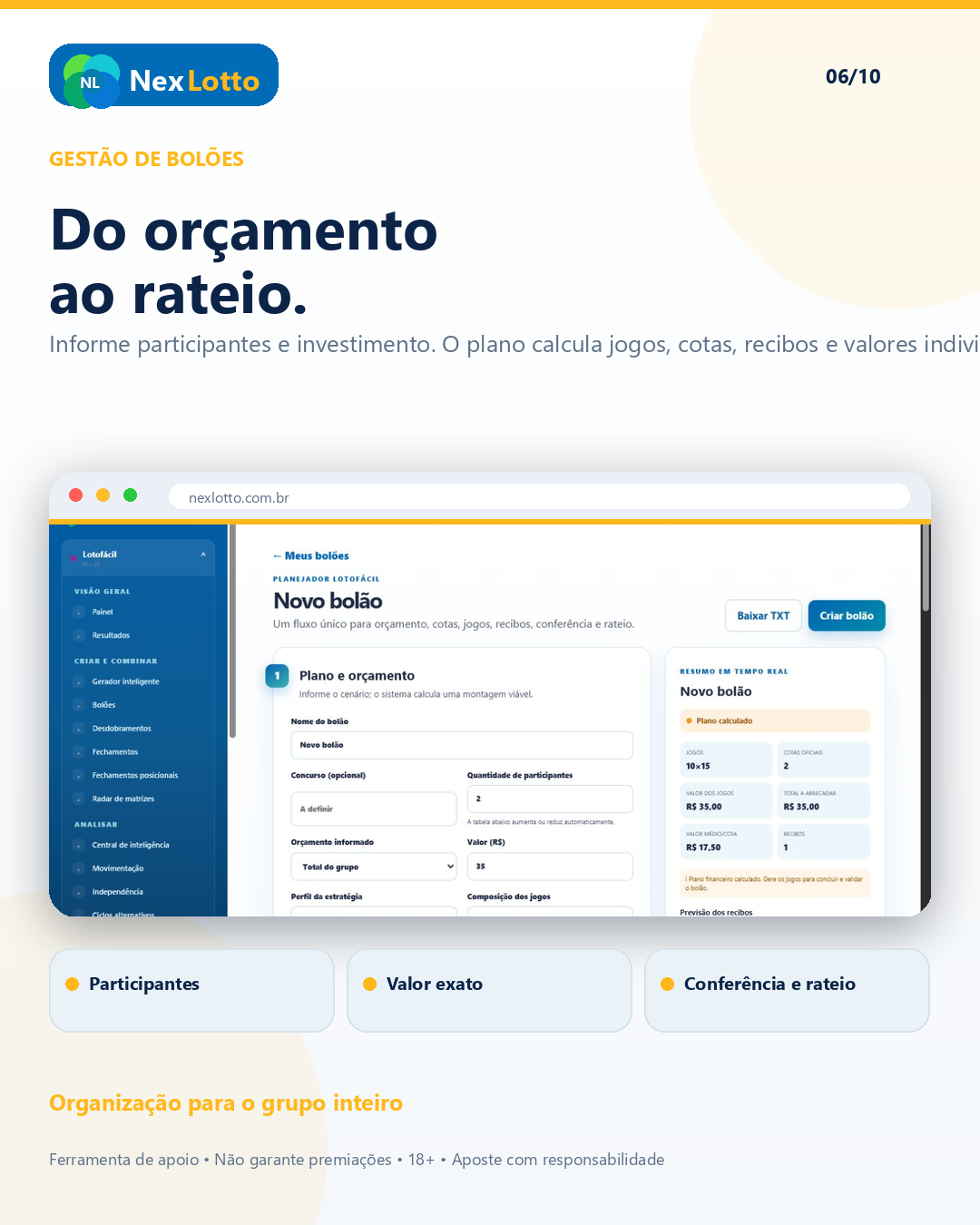 Material NexLotto sobre gestão de bolões, orçamento e rateio